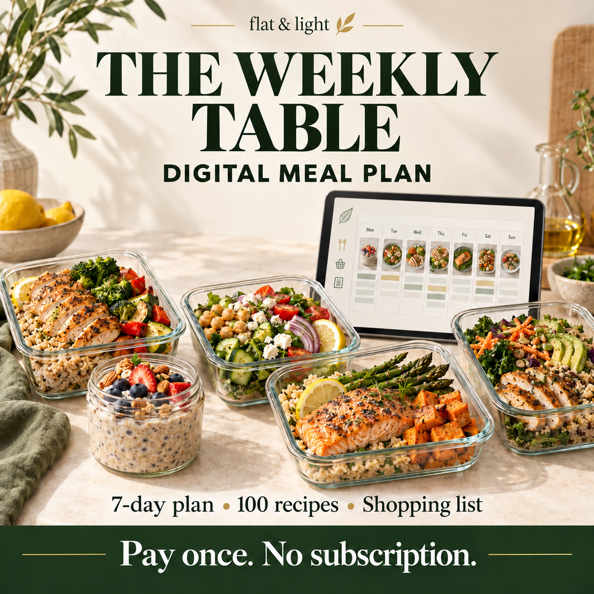 The Weekly Table — Digital Meal Plan. 7-day plan, 100 recipes, shopping list. Pay once. No subscription. Corrected title artwork.